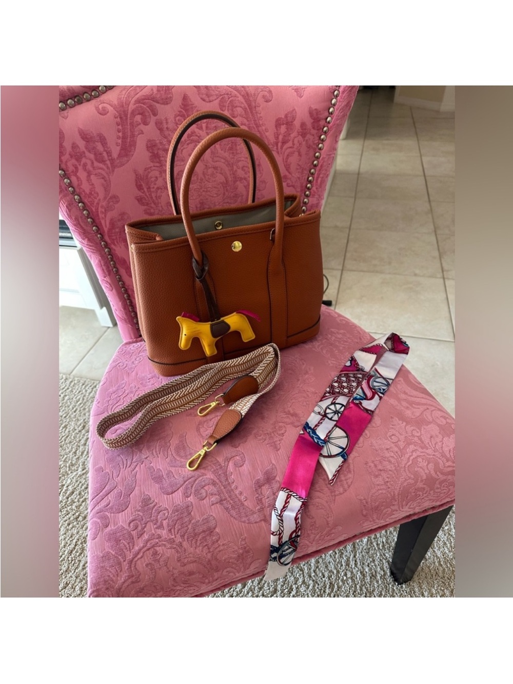 Garden Party Brown Leather Tote Handbag with Playful Charm